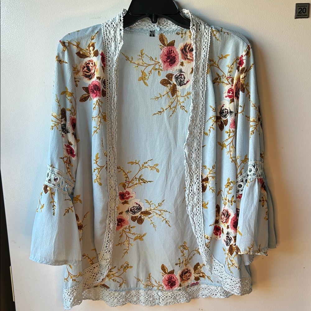 Floral Kimono Cardigan with Lace Trim